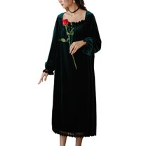 Defitshape Women's Warm Long Sleeve Nightgown Tea Length NightdressVelvet Sleep Dress Vintage Lace Pleated Dark Green Large
