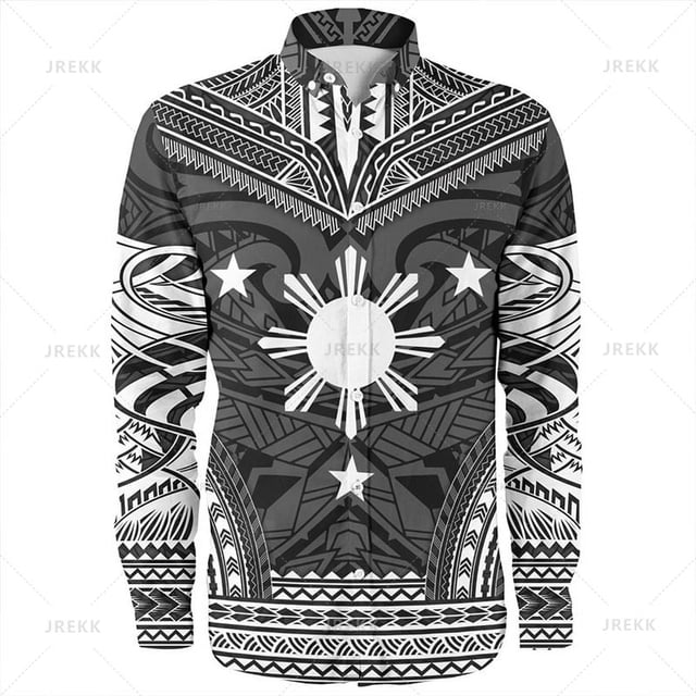 Camisas de manga larga con estampado de emblema étnico filipino en 3D vintage de tamaño pequeño para hombre, blusas con estampados tribales filipinos