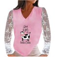 thumbnail image 1 of Mujeres Casual Vaca Impreso Cuello en V Encaje Empalme Manga larga Jersey Blusa Camiseta Tops Fridja  hkj4238, 1 of 5
