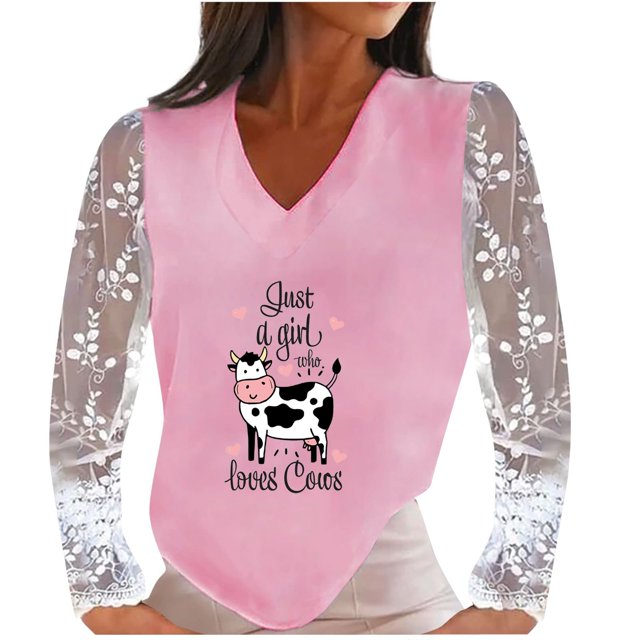 Mujeres Casual Vaca Impreso Cuello en V Encaje Empalme Manga larga Jersey Blusa Camiseta Tops Fridja hkj4238