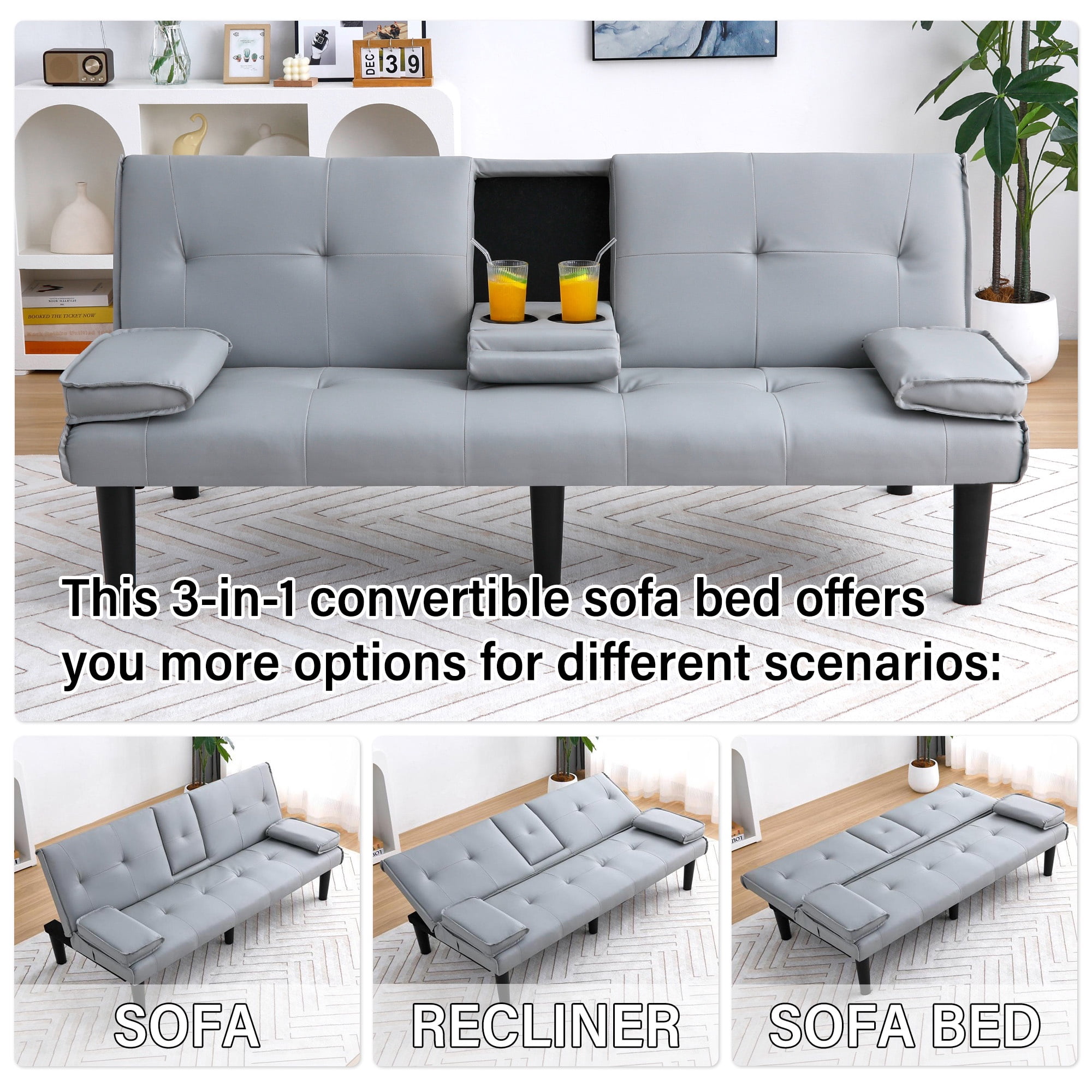 CARZZI LIFE Futon Sofa Bed PU Leather Modern Convertible Futon Couch with Removable Armrests, Cup Holders, Loveseat Sleeper Sofa Bed for Living Room, Apartment, Small Spaces (Light Gray)