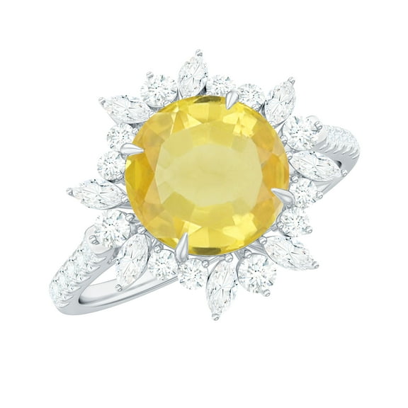 Rosec Jewels Nature Inspired Flower Ring - Created Yellow Sapphire Cocktail Ring with Moissanite, 925 Sterling Silver, US 4.00