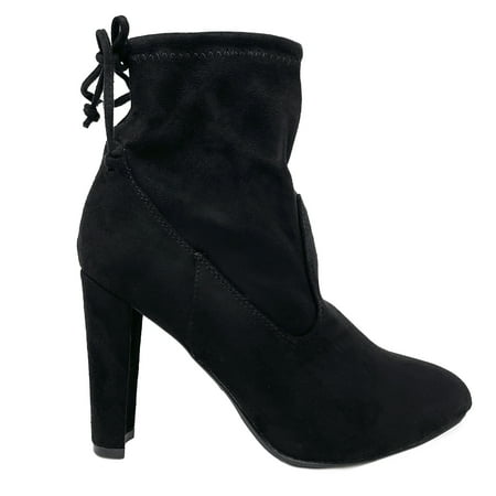 

SNJ Womens Almond Toe Drawstring Tie Chunky Bootie High Heel Pull On Ankle Boot