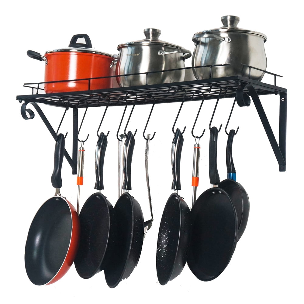 Kepooman 30" Kitchen Floating Pan Pot Rack for Utensils Cookware, Wall Mounted Pot Rack Storage Shelf with 10 Hooks, Black Kepooman 30" Kitchen Floating Pan Pot Rack for Utensils Cookware, Wall Mounted Pot Rack Storage Shelf with 10 Hooks, Black