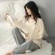 thumbnail image 3 of Pijama de cuadros de manga larga de algodón puro para mujer, conjunto de ropa de casa sencillo y bonito, estilo Ins, blanco, ligero para primavera y otoño, 3 of 4