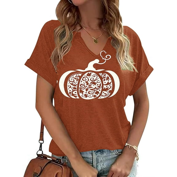 VKOYWKM Women Thanksgiving Shirts Pumpkin Graphic T Shirts V Neck Fall Tops Holiday Short Sleeve Thankful Grateful Blessed Tshirts
