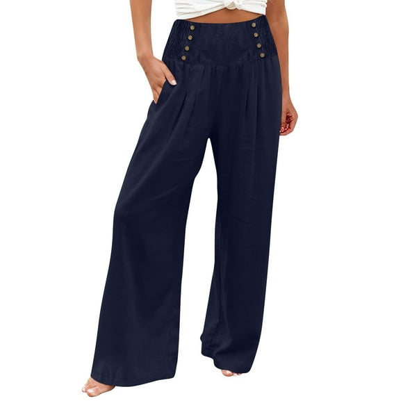 YDLCAFD Womens Wide Leg Pants Summer Casual High Waisted Palazzo Pants Baggy Beach Trousers With Pocket