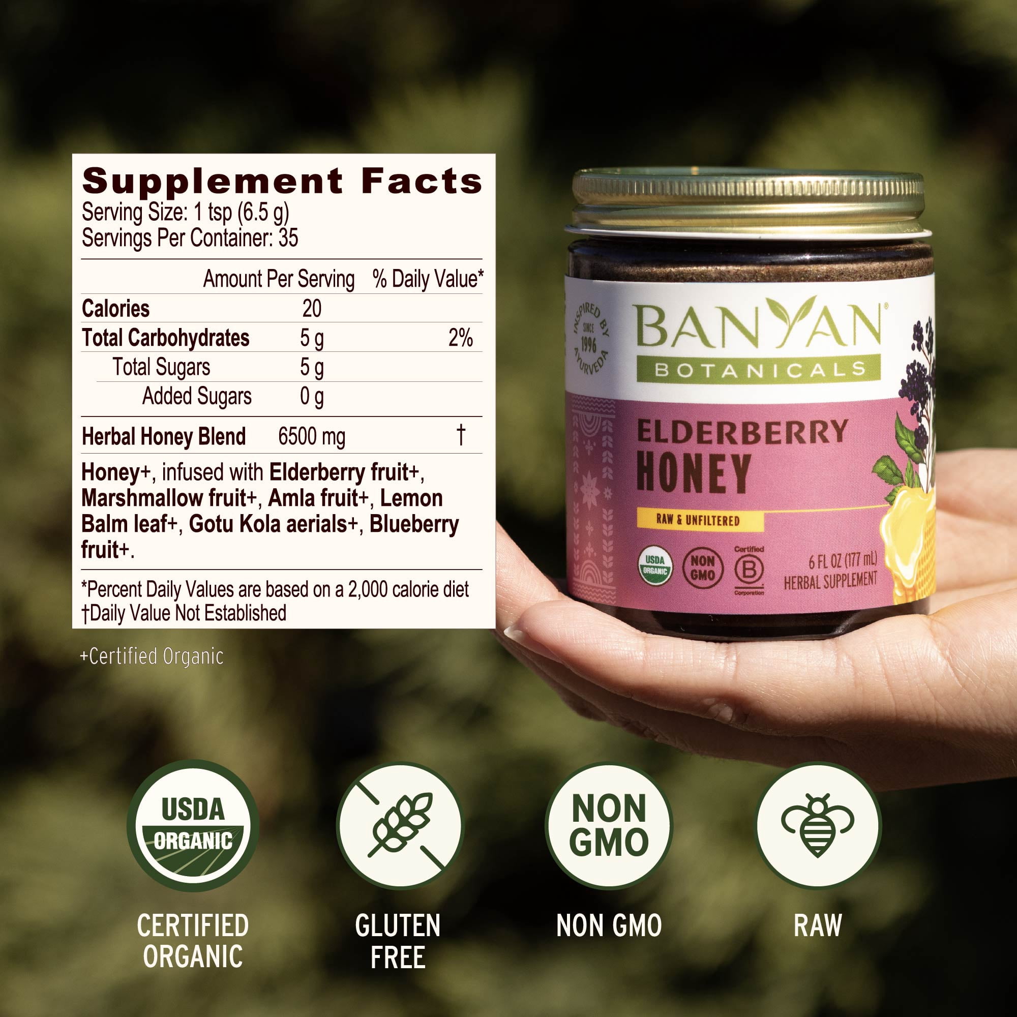 Banyan Botanicals Elderberry Honey – Organic Herbal Honey with Sambucus & Amla ­­– Immune Support for Kids & Adults* – 8.25 Oz – Raw & Unfiltered, Pollinator-Friendly, Sustainably Sourced