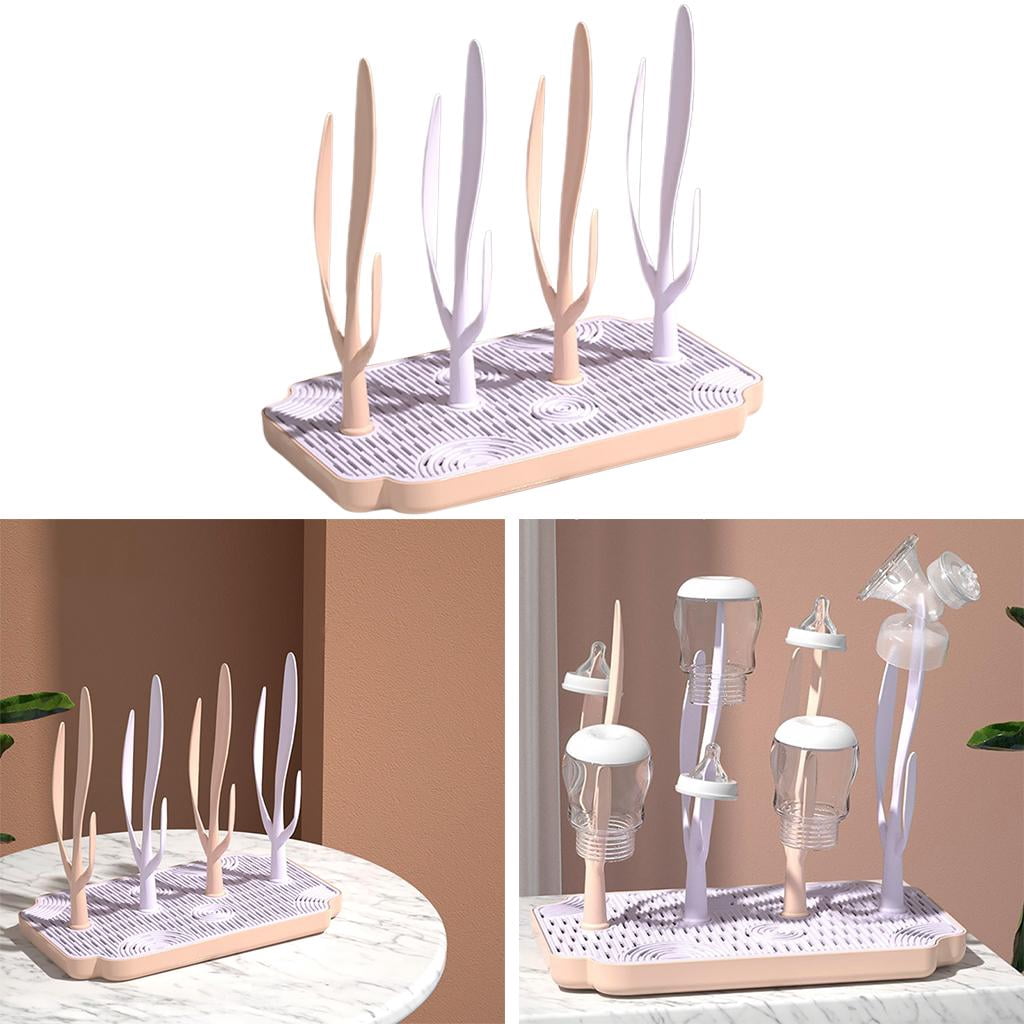 Portable Baby Bottle Drying Rack Countertop Cleaning Brush Holder Storage with Drainer Tray Space Saving pink