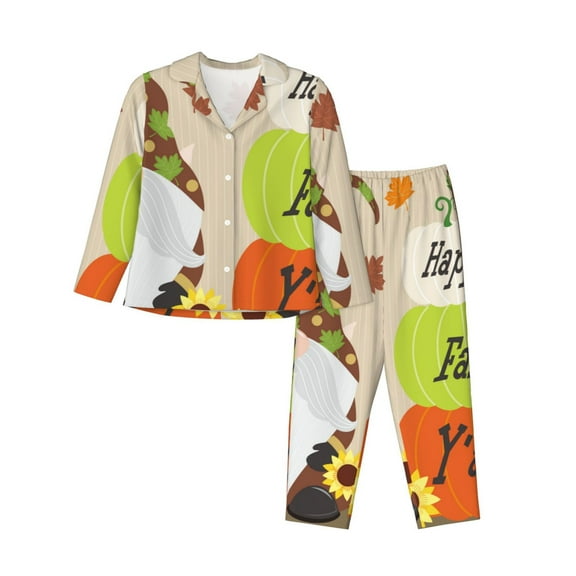Xecao Gnome Happy Fall Print Women Pajamas Set Soft Sleepwear Pjs long Sleeve Button Down Nightwear with Long Pants