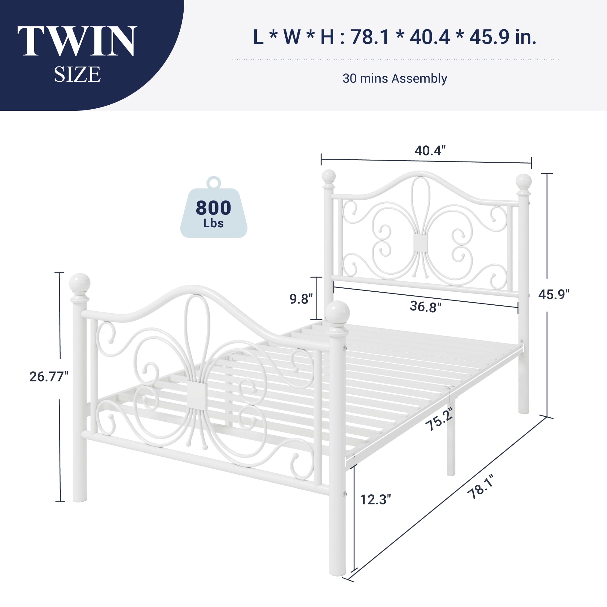 Allewie Twin Size Vintage Metal Bed Frame with Butterfly Pattern Design Headboard & Footboard, White