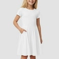 thumbnail image 2 of Wxirdiow Dresses for Kids Girls' Short Sleeve Crew Neck Dress Bow Detail Puff Sleeve Textured Fabric Summer Casual Pocket Detail Easy Care White Size,4-5 Years, 2 of 9
