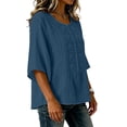 thumbnail image 5 of thefmos Women Summer Boho Linen Tops 3/4 Sleeve Round Neck Embroidery Casual Loose Pullover Blouses Solid Fall Fashion Tunic, Navy M, 5 of 9