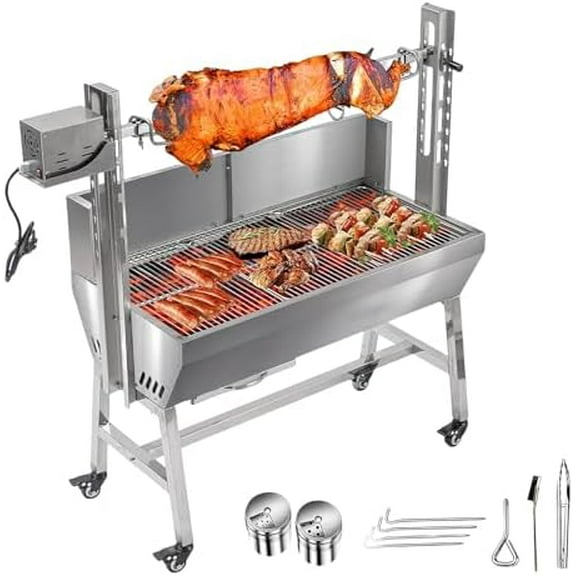 37" Electric Rotisserie Grill, Pig Lamb Spit Roaster Stand Rotisserie 132 Lbs Capacity With Adjustable Height, BBQ Charcoal Rotisserie Grill Kit Stainless Steel For Outdoor Party