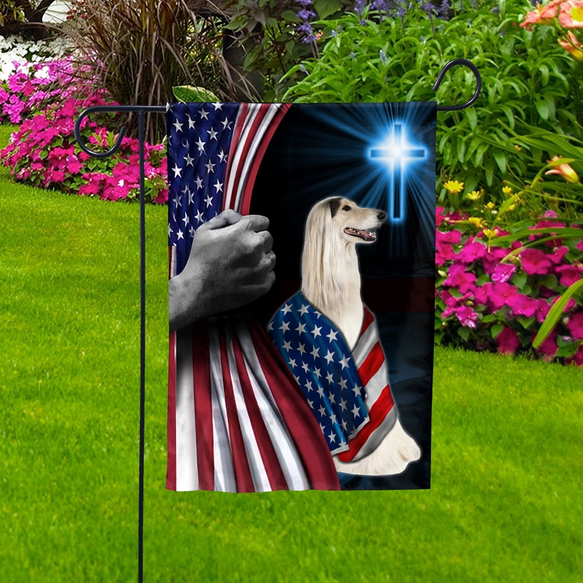 Hand Pulling USA Flag Afghan Hound Dog Wearing Flag American Standing under Cross Christian Patriotic House Flag (3x5) Double Sided- Premium Polyester-Decorative Indoor Outdoor Flag