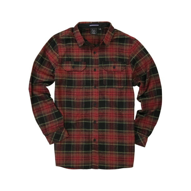 BURNSIDE - Men's Button Down Long Sleeve Flannel Shirt (Crimson Red / Black, XX-Large) (8283