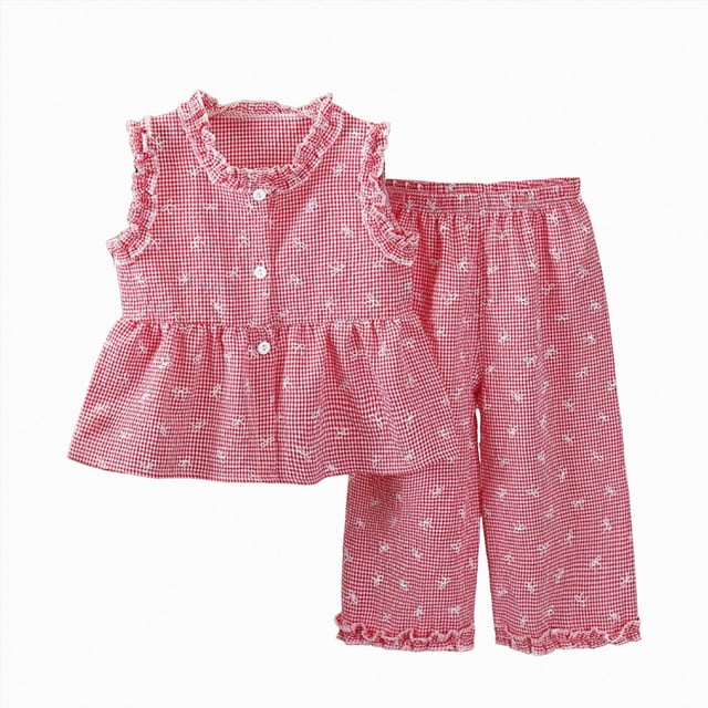 Gubotare Girls Spring Outfits Girls formal Wear 2 Piece Outfits Button Ruffle Hem Puff Sleeve Blazer and Flare Pants Suit Set Size 7-8 (Red,7-8 Years)