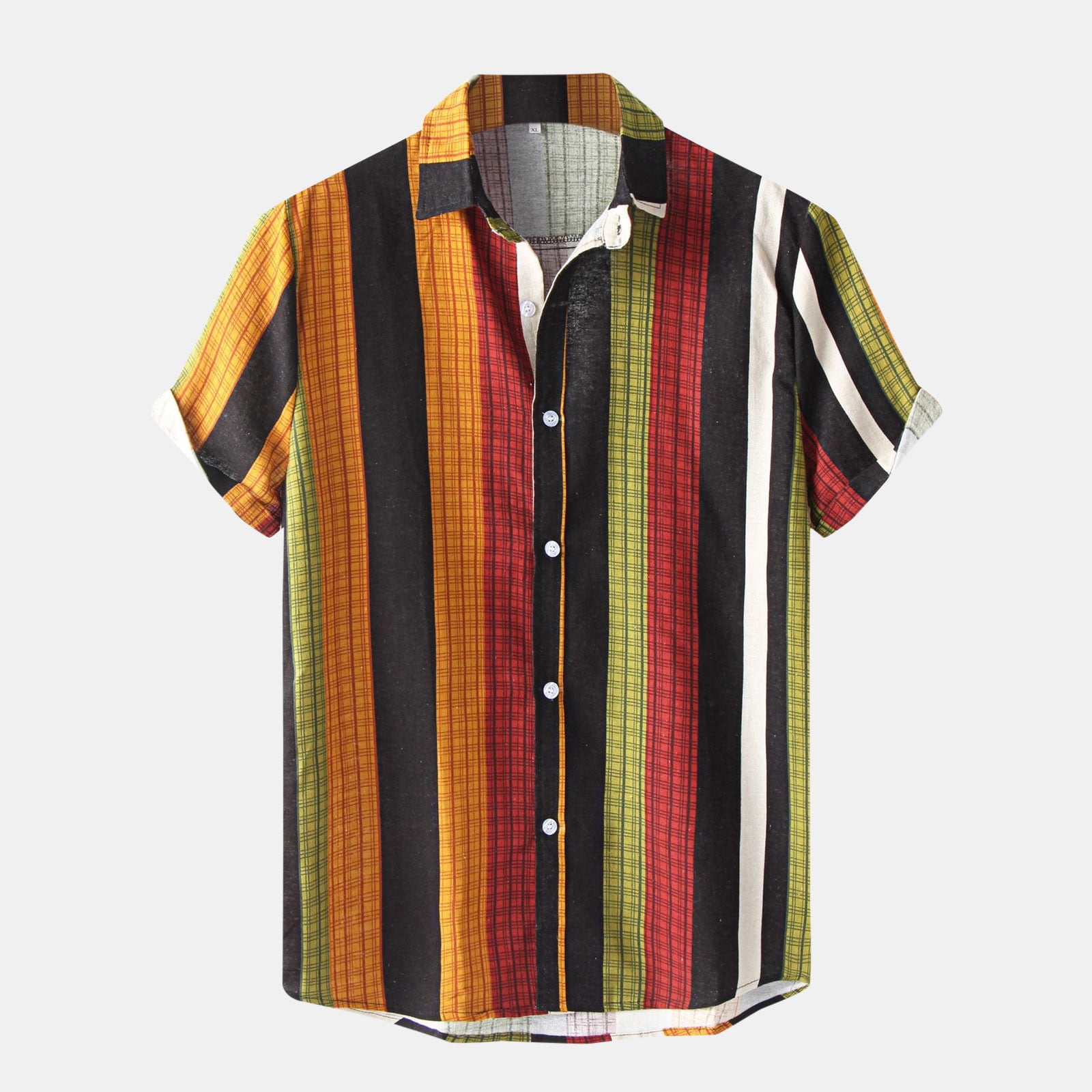 iOPQO Men Shirts Men's Fashion Casual Check Stripe Print Short Sleeve  Button Turn-Down Shirt Yellow XL