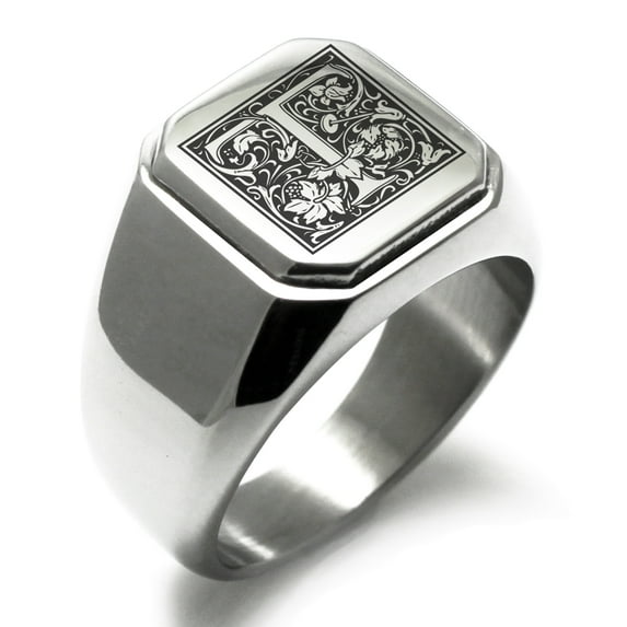 Stainless Steel Letter T Initial Floral Box Monogram Engraved Engraved Square Flat Top Biker Style Polished Signet Ring