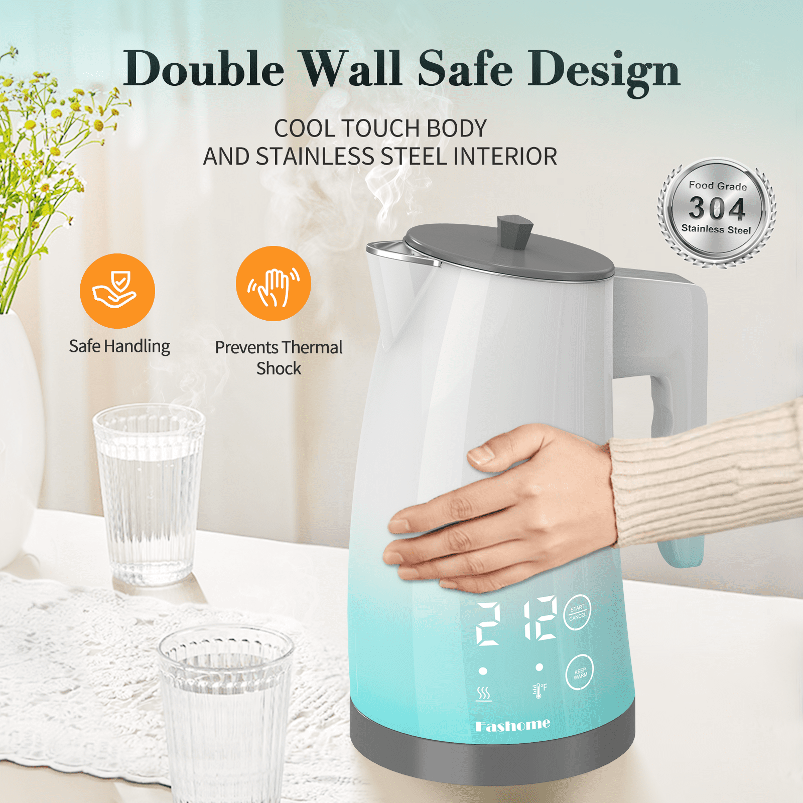 Electric Kettle Temperature Control, 304 Stainless Steel Interior, BPA-Free, Double Wall 1.25L Hot Water Boiler, 1200W Tea Kettle with Auto Shut-Off & Boil Dry Protection, Cordless Base（KCK02F）