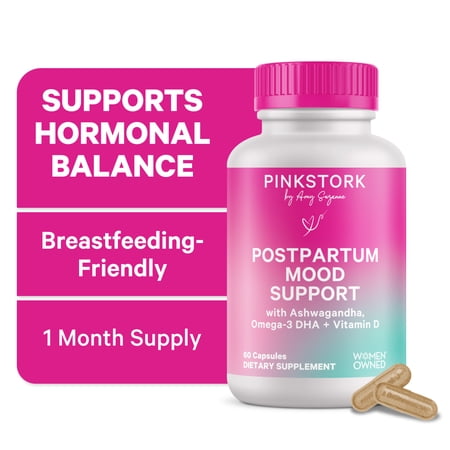 Pink Stork Postpartum Mood Support Supplements with Ashwagandha and Chamomile - 60 Capsules