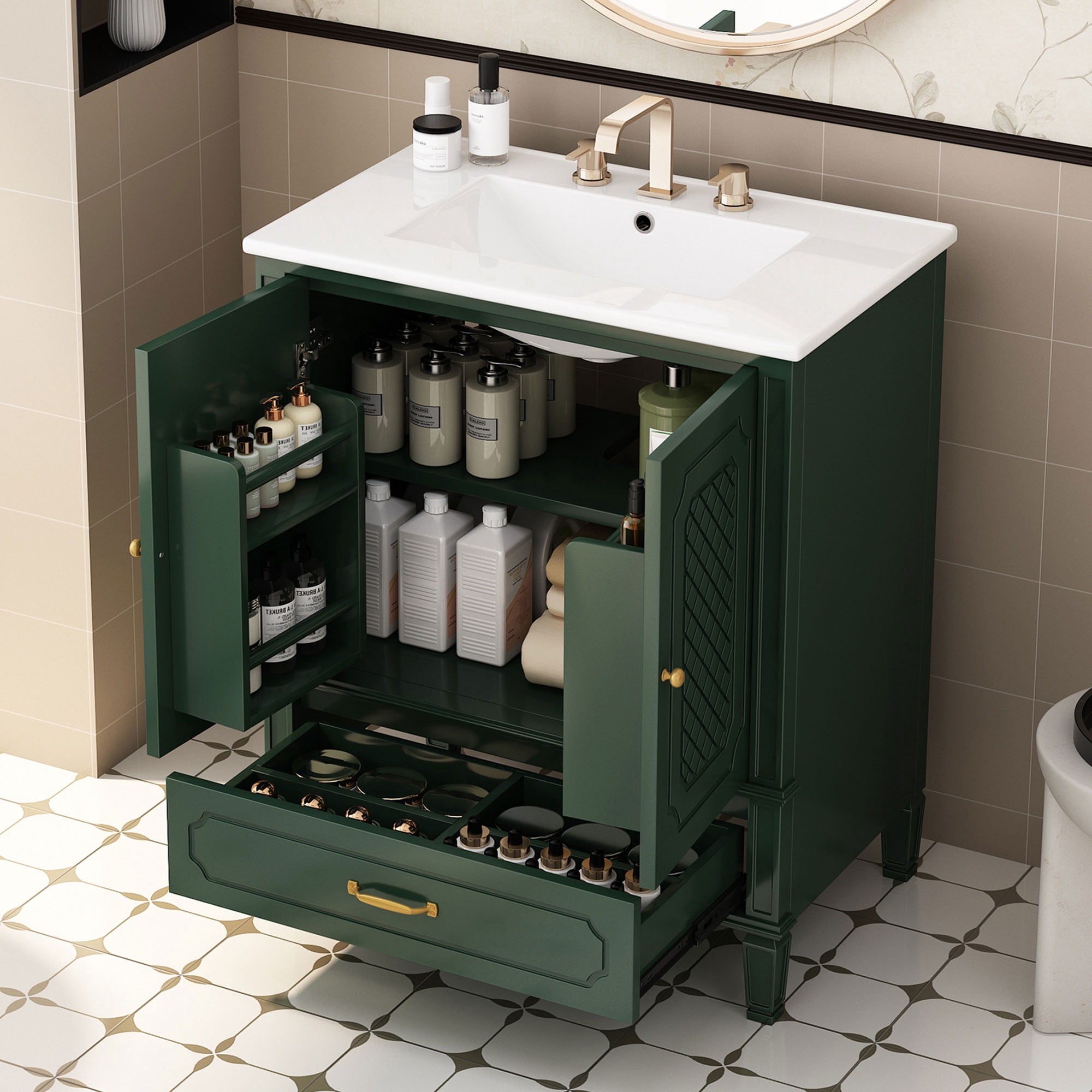Euroco 30" Bathroom Vanity with Sink Vintage Style, Multi-functional Storage Space, Door Shelf, Soft-closing Door, Green (same sku: N759P218644F)