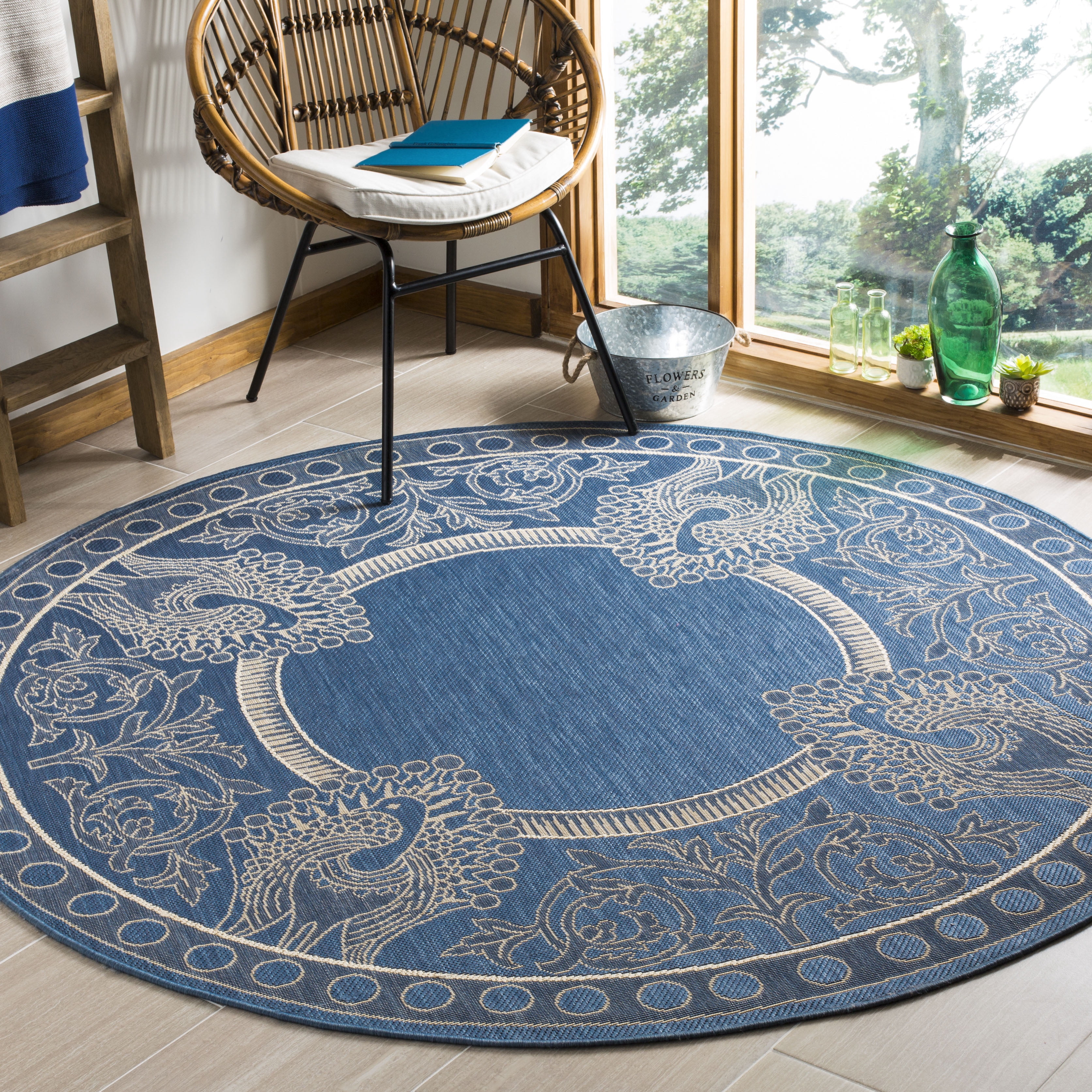 Safavieh Courtyard Cooper Botanical Indoor/Outdoor Area Rug, Blue/Natural, 6'7" x 6'7" Round