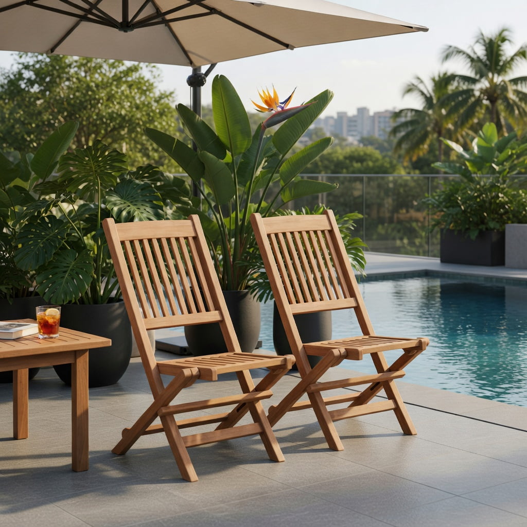 Hommoo Indonesia Teak Wood Folding Patio Dining Chair, Slatted Seat, Lightweight 10 lb Outdoor Chair for Backyard, Poolside & Camping, Natural