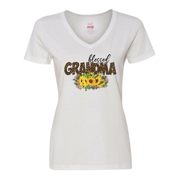 Inktastic Blessed Grandma Sunflowers and Leopard Print Women's V-Neck T-Shirt