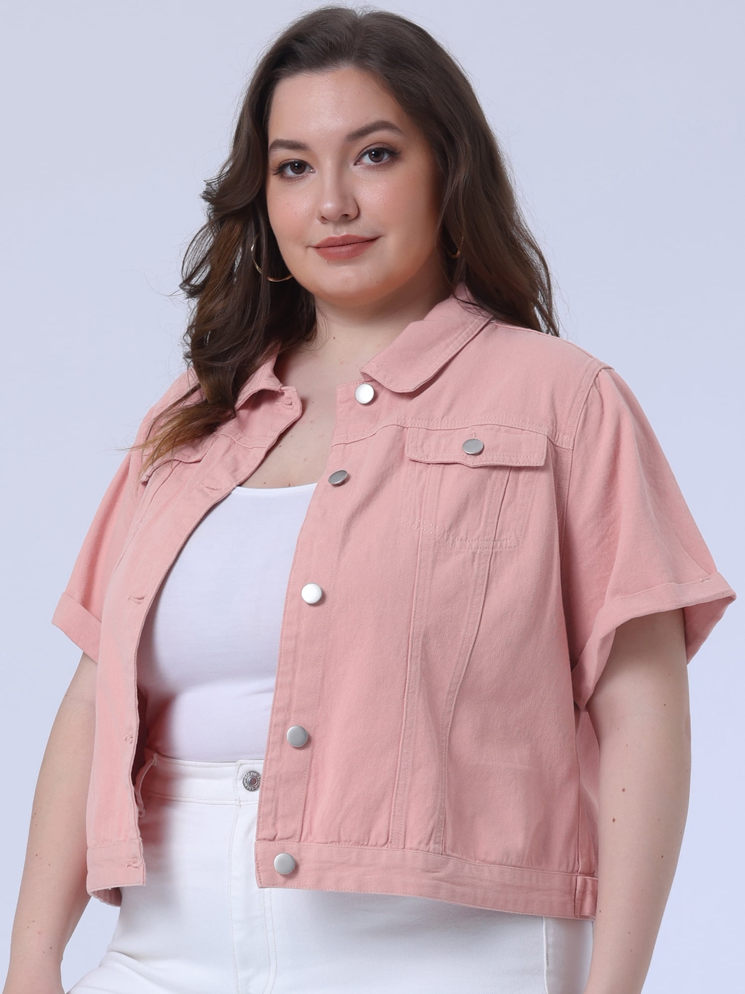 DARING DIVA Women's Plus Size Short Sleeve Lapel Button Denim Jacket 1X Pink