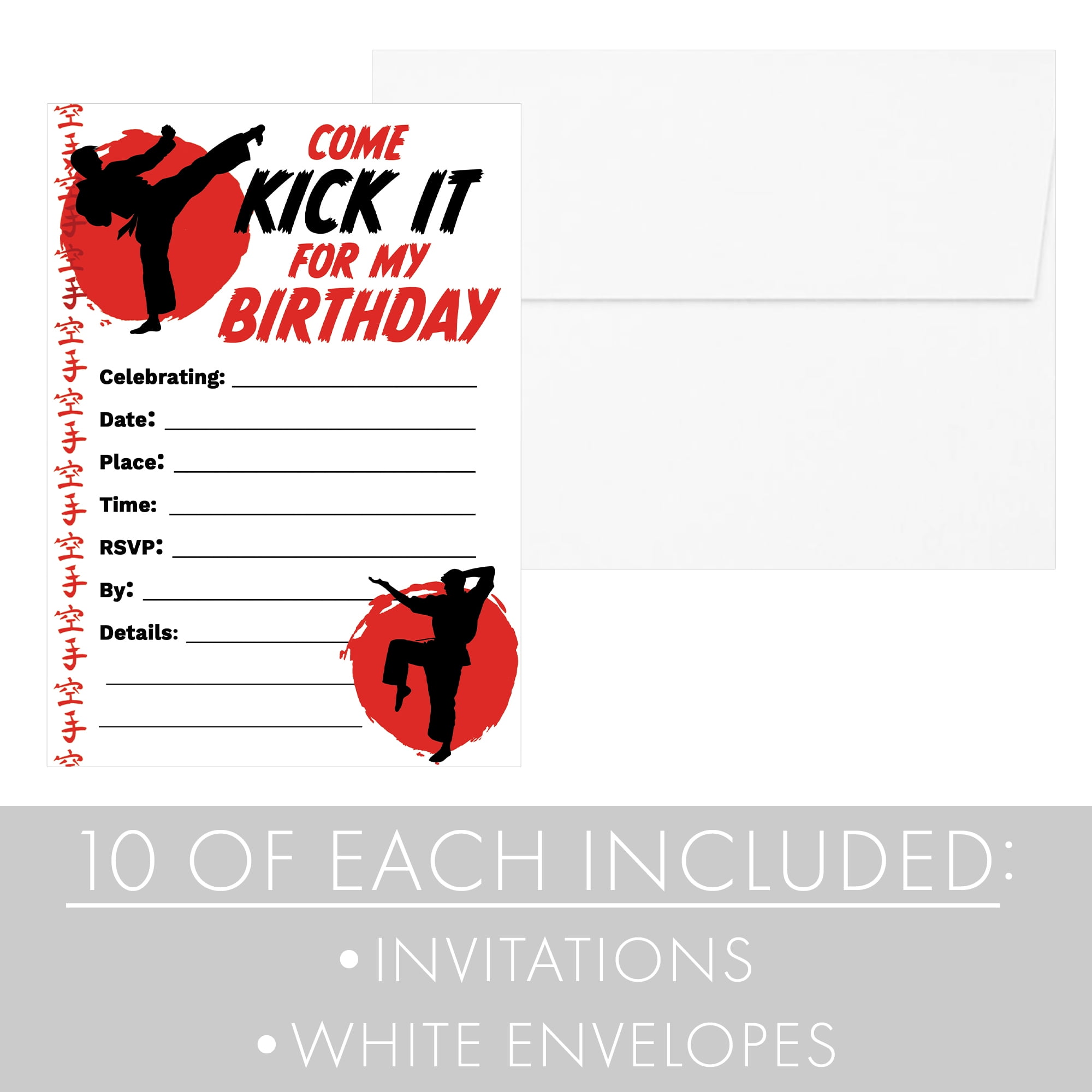 distinctivs red and black karate birthday party invitations with envelopes,  10 invites