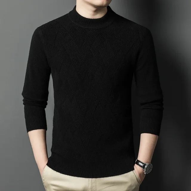Suéter de otoño e invierno 2024 nuevo suéter de cuello alto medio grueso de jacquard natural para hombre, ropa interior informal de punto, suéter de manga larga
