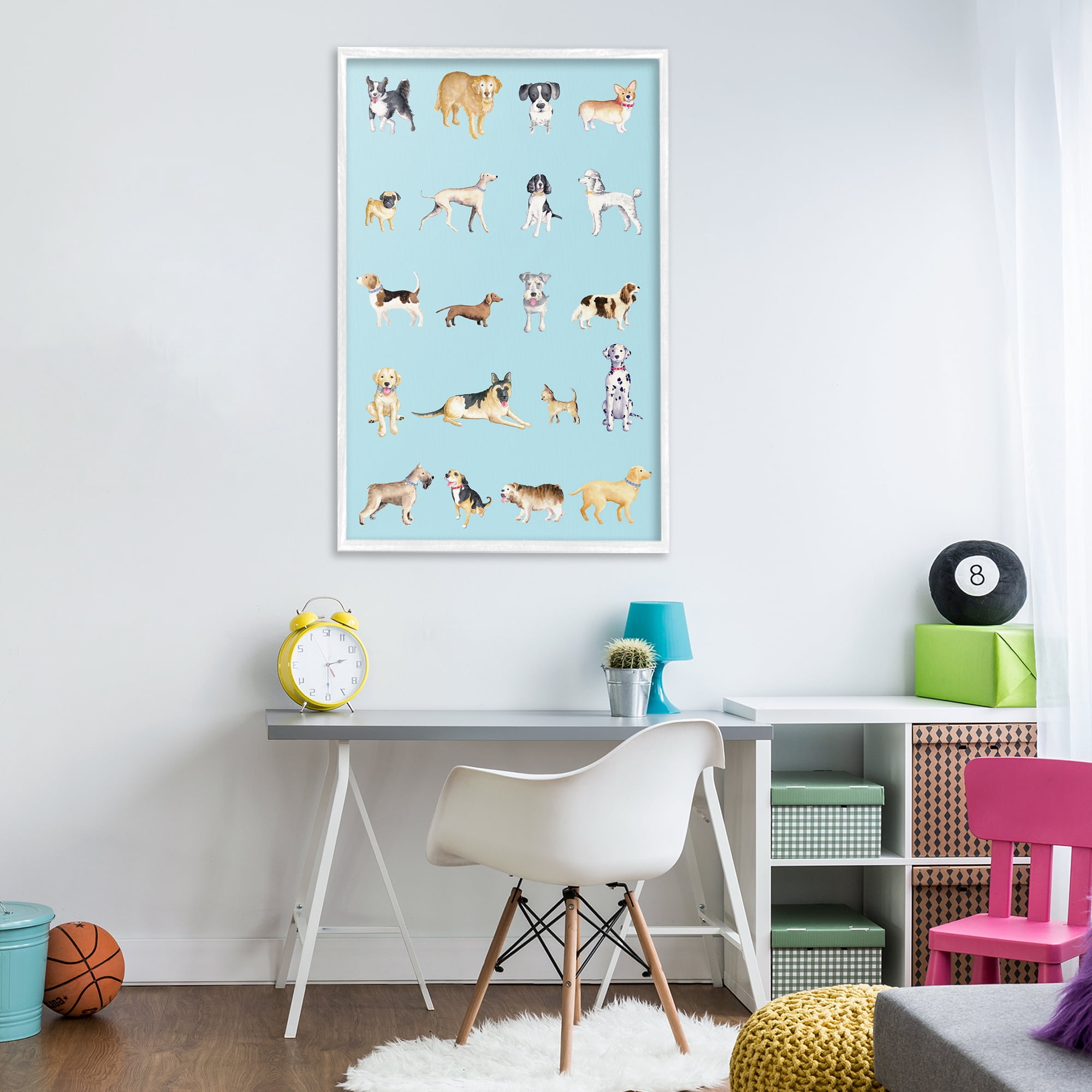 Stupell Industries Dog Breeds on Blue White Framed Giclee Art, design by Andi Metz