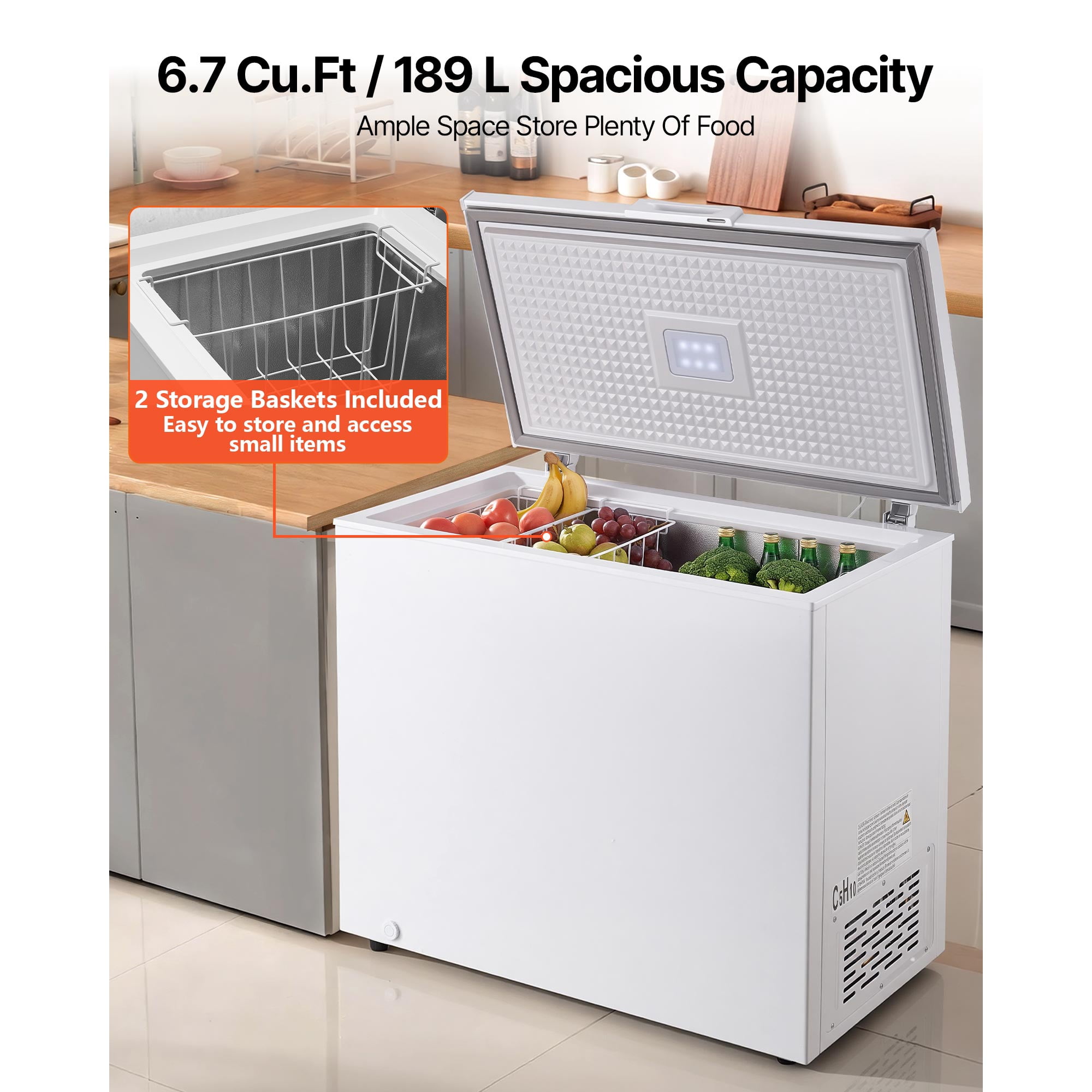 KFFKFF 6.7 Cu.ft Compact Chest Freezer, Free-Standing Deep Freezer with Top-Opening Door, Includes 2 Removable Baskets & Adjustable Temperature Control - Energy Efficient, Quiet Operation, White