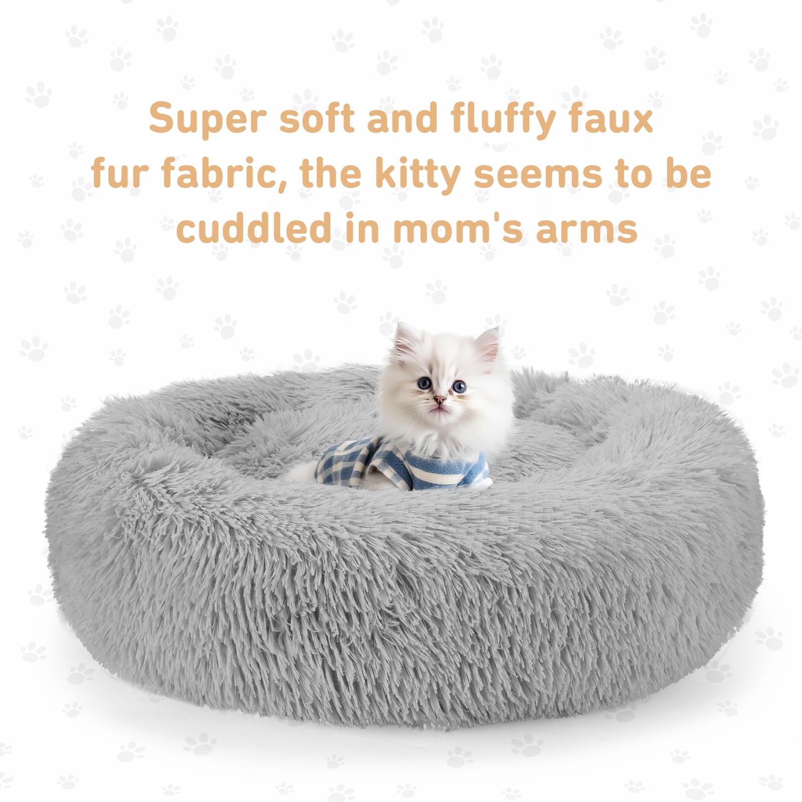 Zephypaws 27in Calming Dog Bed for Small Medium Dogs,Donut Washable Puppy Bed,Anti-Slip Round Fluffy Plush Faux Fur Pet Bed,Gray