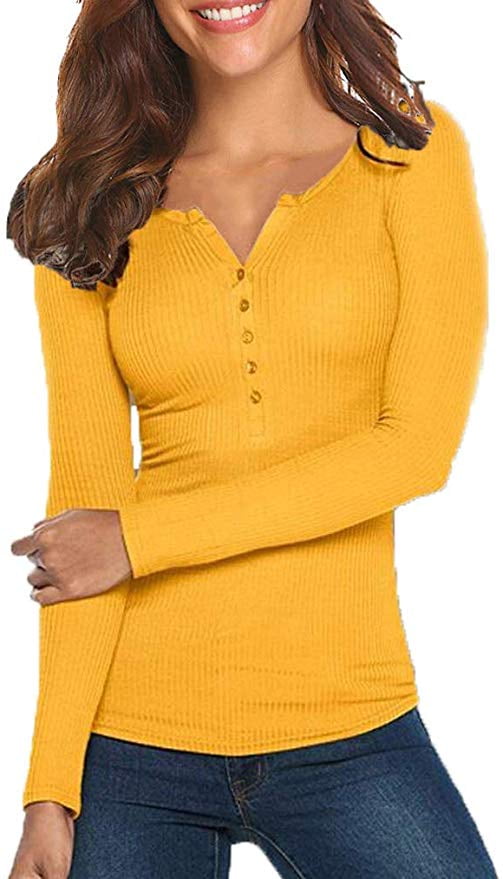 Womens Casual Long Sleeve V Neck Sweaters Slim Fit Button Ribbed Knit Sweater Blouse Tops
