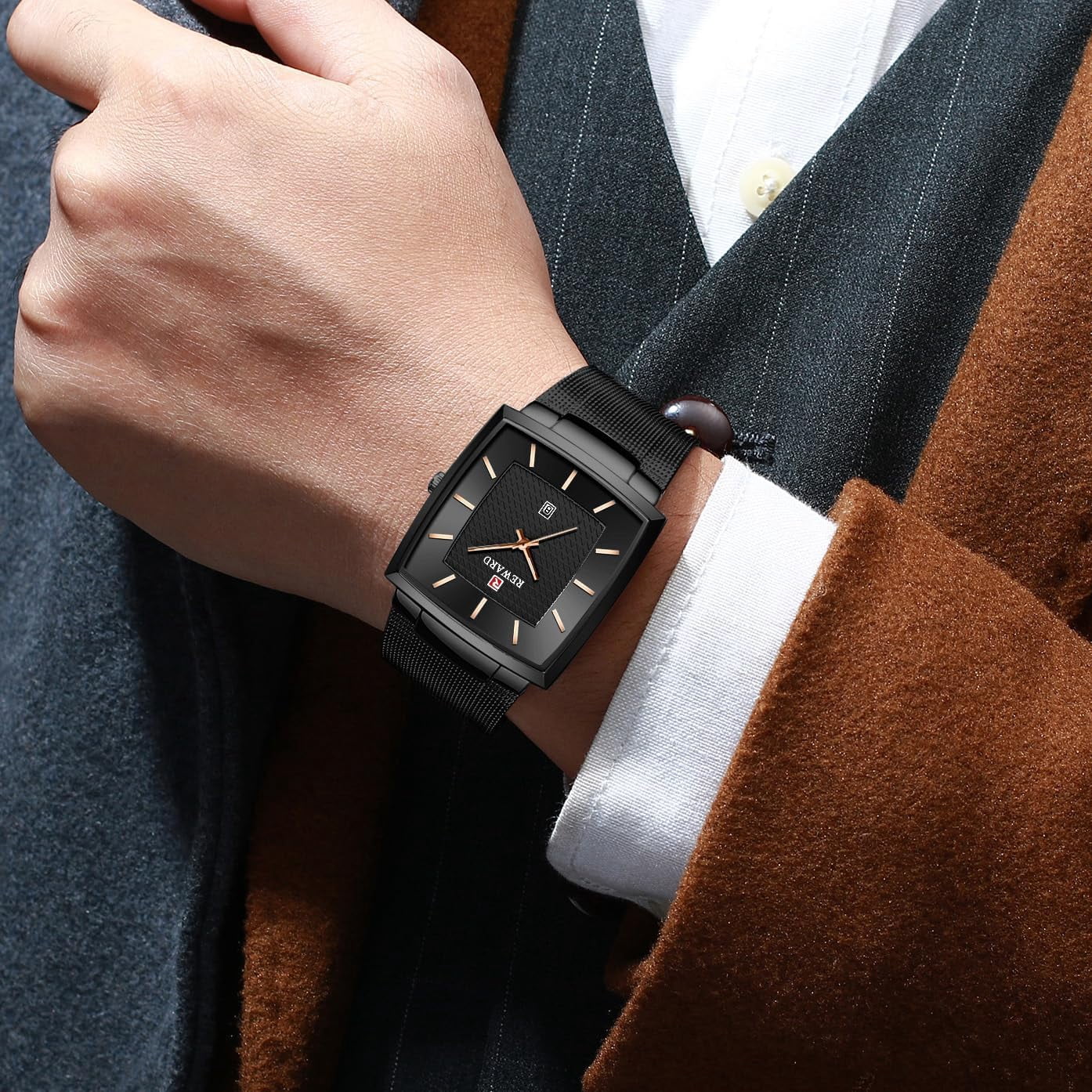 Watches Square Analog Quartz Stainless Steel Watches for Men Mesh Strap Waterproof Business Military Sport Wrist Watch with Date