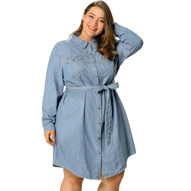 Vestido Camisero De MezclilPor EnciDe RodilCon Mangas Largas Tallas Grandes PaMujer Azul Cielo XXL