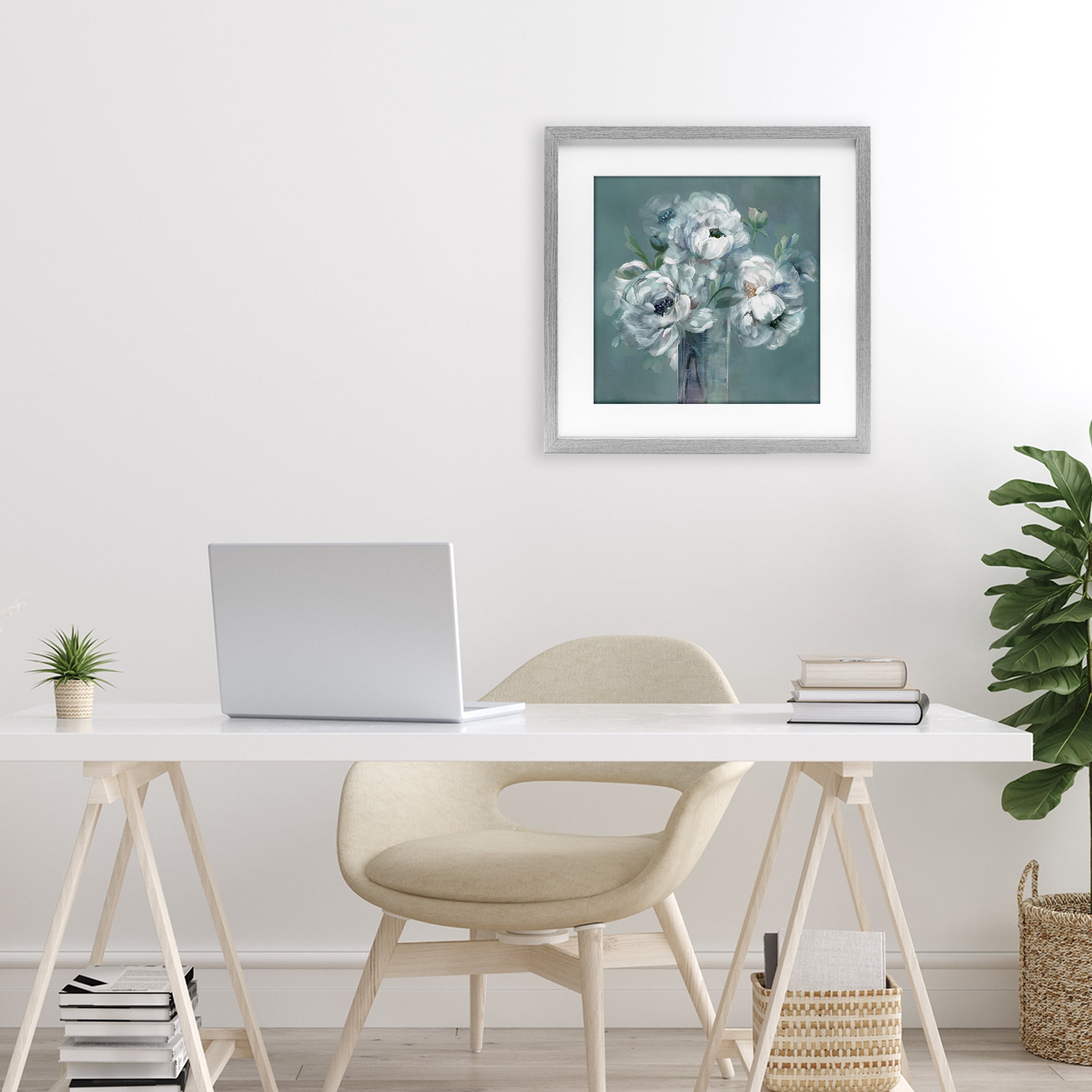 Stupell Industries White Peony Impression in Vase Gray Framed Print Under Glass, design by Nan