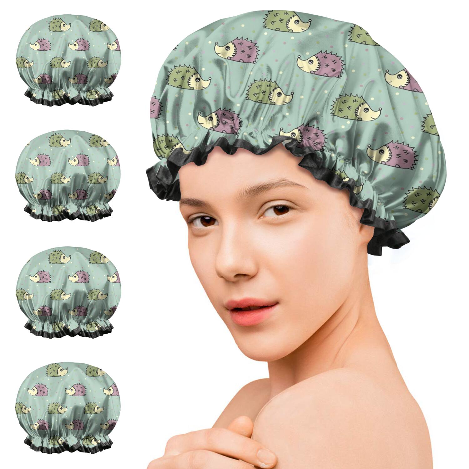 Shower Caps,Cute Hedgehog Pattern Waterproof Shower Cap for Women 4 Pieces,Double Reusable Hair Cover for Shower PEVA Elastic Stretch Hem