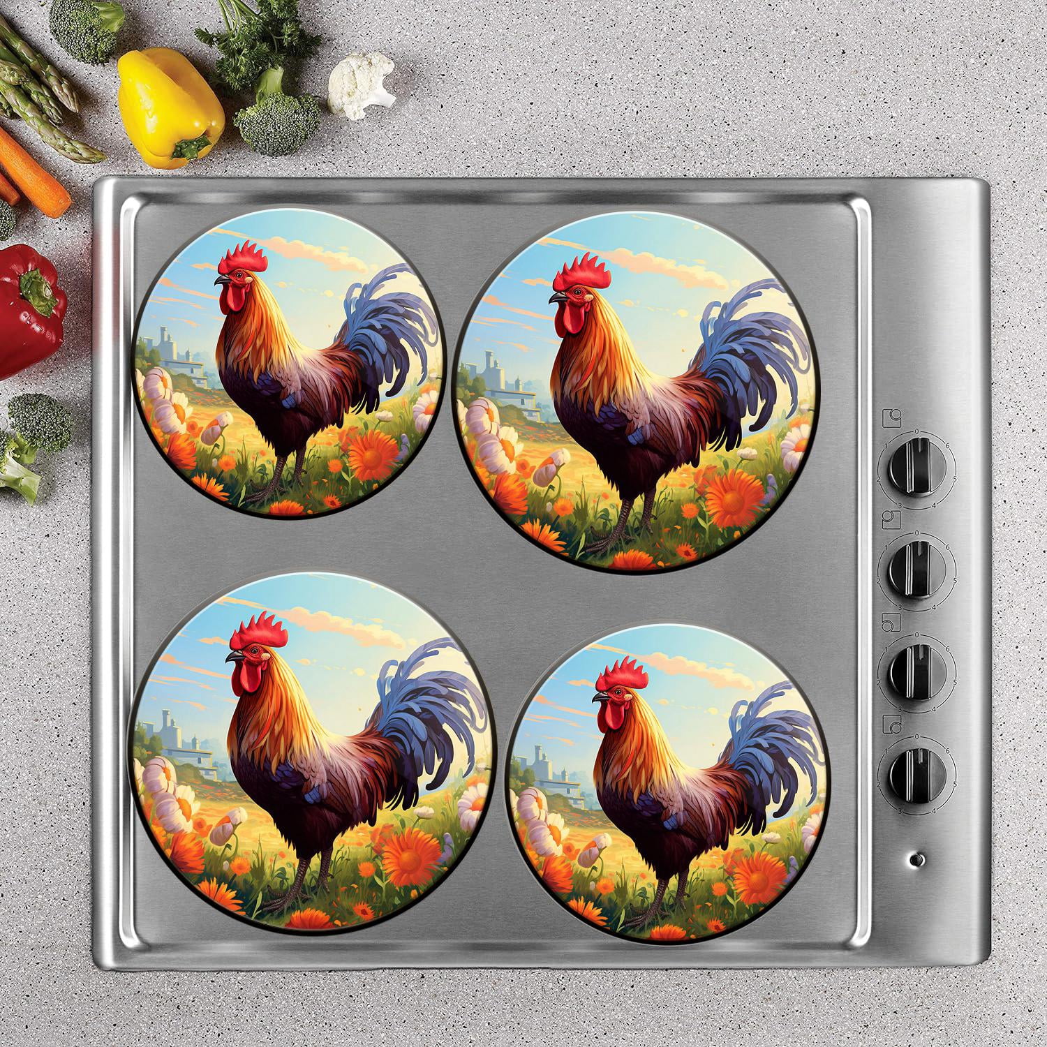 Bahomeck Gas Stove Burner Cover Set of 4，The Rooster walking in the meadow flower Metal Stove Burner Covers，Electric Stove Burner Covers,Protecting Gas Stoves,Kitchen Decor，8 inches and 10 inches