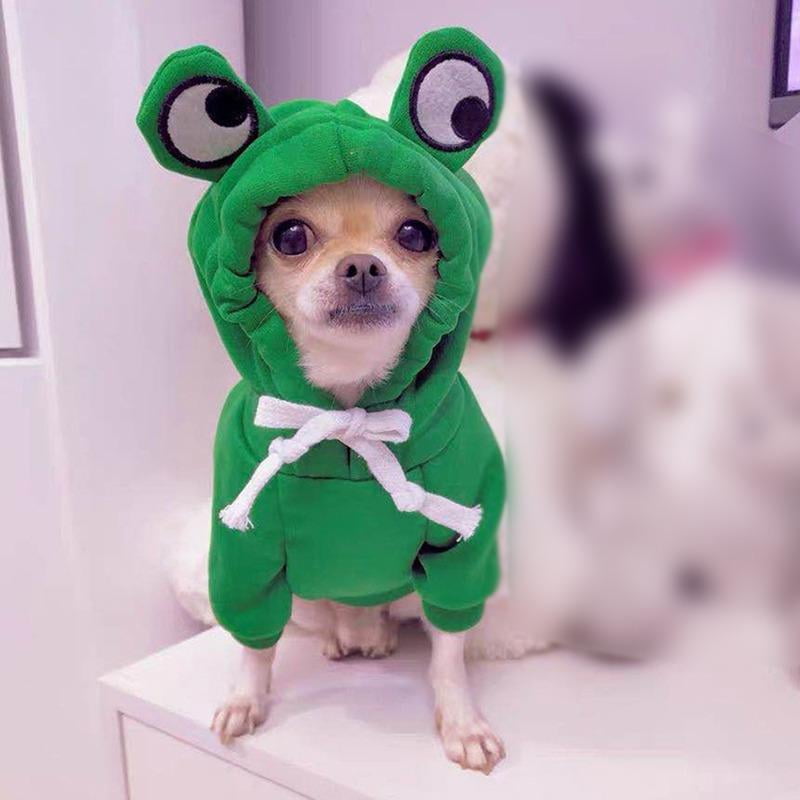 Pet Clothes Cute Frog Small Pet Costume Halloween Cosplay Costume Frog Doggie Sweater Outfit Warm Frog Doggie Hooded Sweatshirt for Small Cats and Dogs 