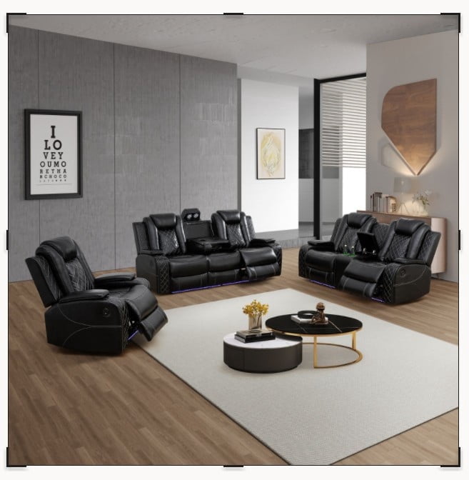 FUOROLA Faux Leather Indoor 3-Piece and Upholstered Recliners with 3 Seat Sofa Loveseat and Chair, Black