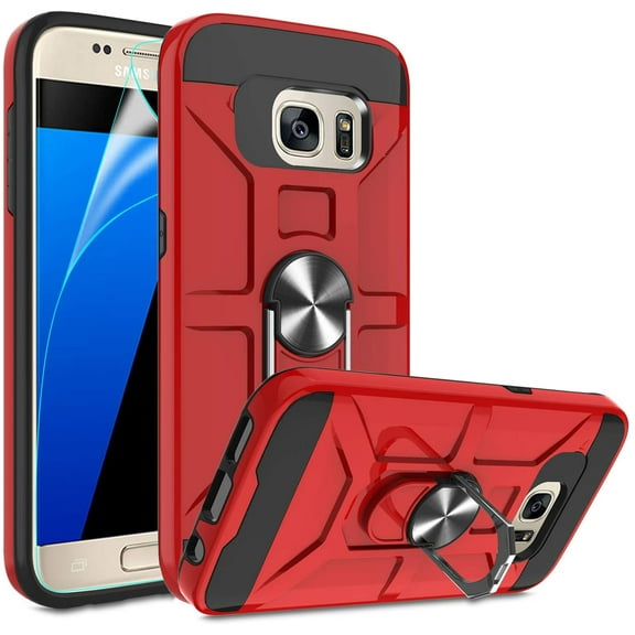 Galaxy S7 Case with HD Screen Protector,  360° Rotation Ring Holder Kickstand [Work with Magnetic Car Mount] PC  TPU Phone Case for Samsung Galaxy S7, Red