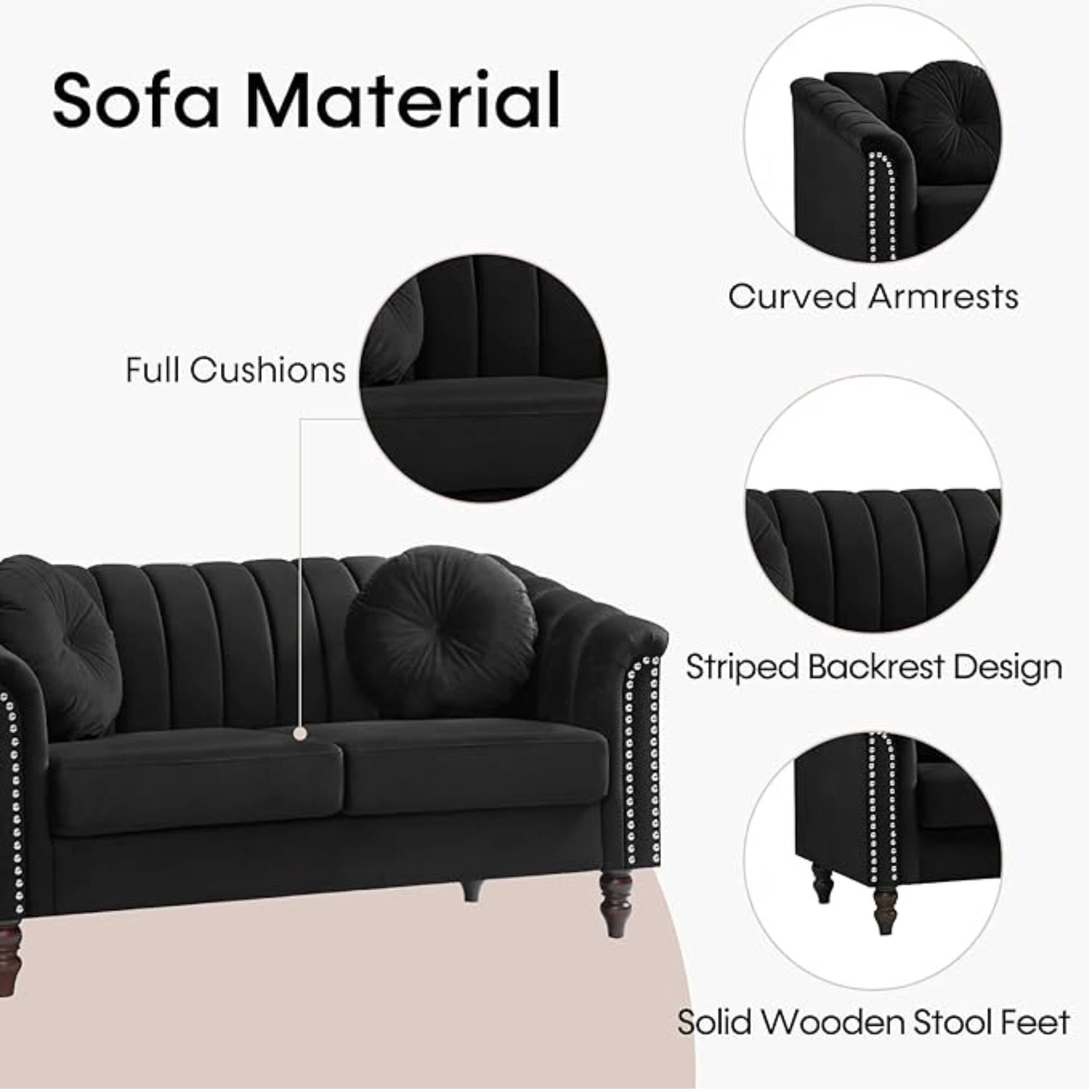 Modern Velvet Loveseat, 62 Inch 2 Seater Sofa with Nailhead Trim & Pillows Sofa Couch for Living Room, Small Spaces, Black