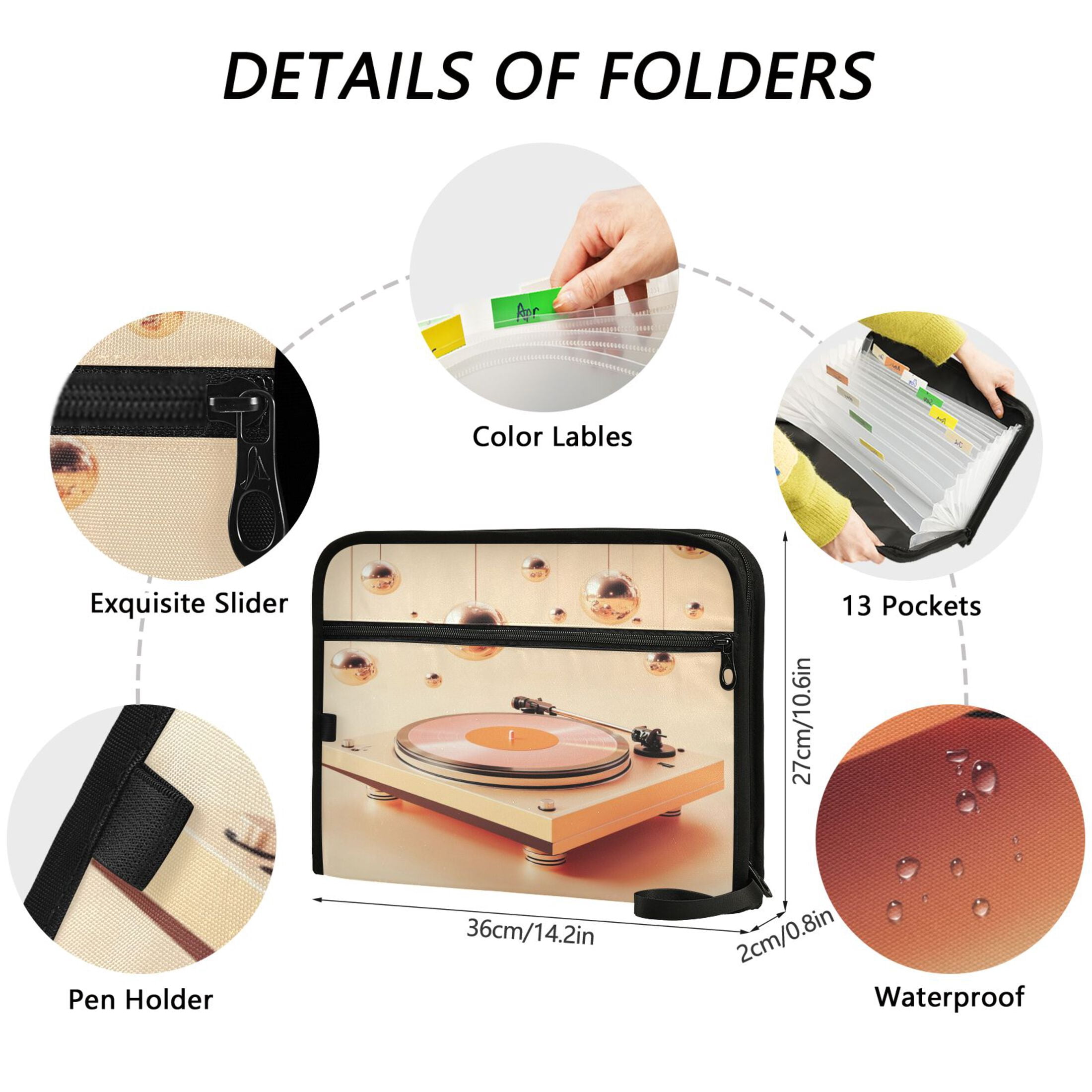 Accordion File Organizer with Zip Closure 13 Pockets Expanding File Folder Letter A4 Paper Document Organizer for Home Office Orange Vinyl Record