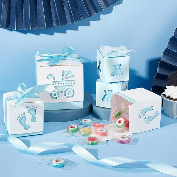 30sets 3style Paper Gift box Wedding Decoration with Polyester Ribbon and Baby for Baby Shower Gift box Light Sky Blue 6~8.5x6~8.5x6~8.6cm