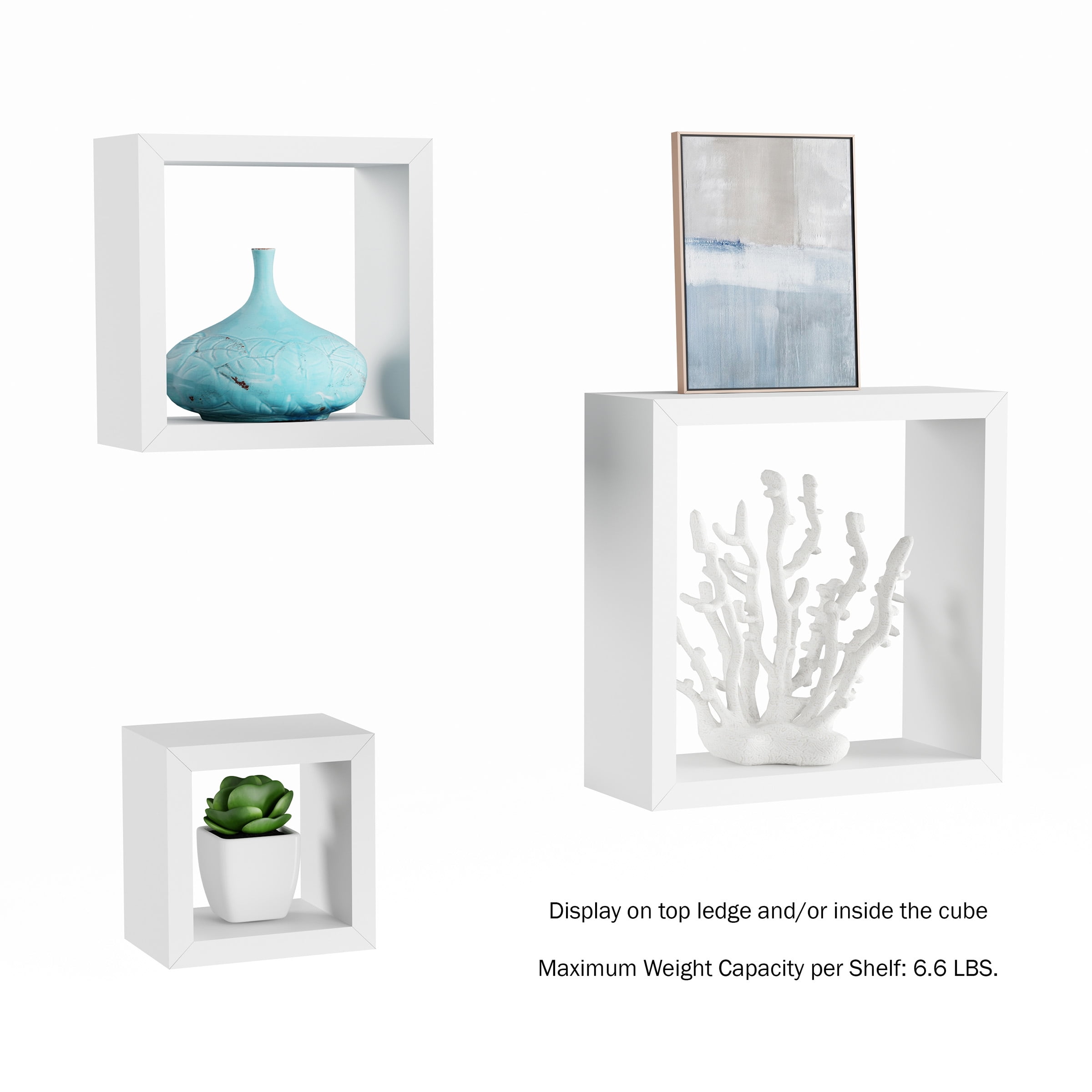 Floating Shelves- Cube Wall Shelf Set with Hidden Brackets, 3 Sizes to Display Decor, Books, Photos, More- Hardware Included by Lavish Home (White)