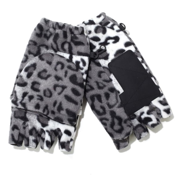 Hot Headz |Polarex Fleece Glomitts Fingerless Unisex Gloves Warm Toasty|Snow Leopard| Black One Size