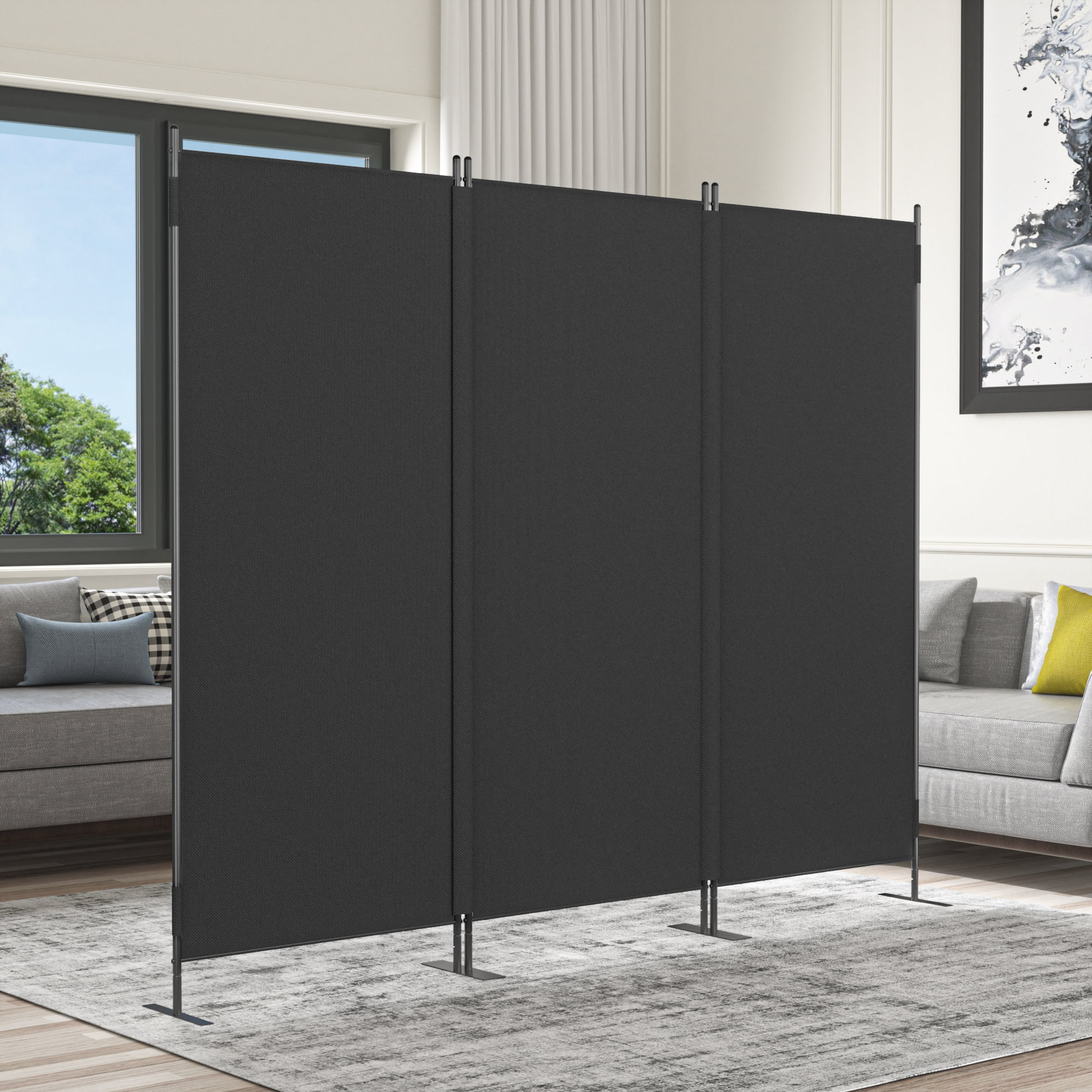 JAXPETY 6 Ft Modern Room Divider, Folding Privacy Screen with 3 Panels and Metal Standing, Portable Wall Partition for Home Office Separator, Black
